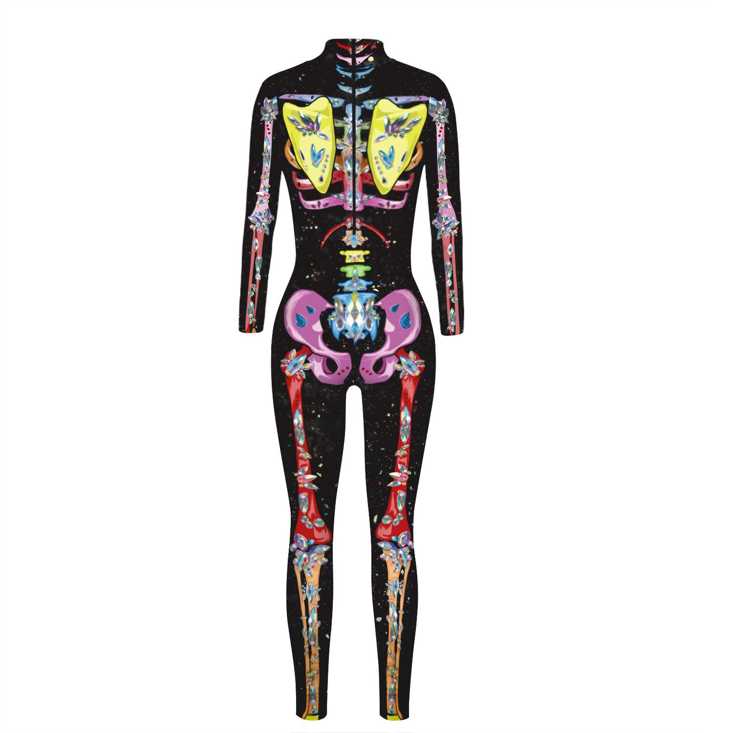 Women Halloween Party Costume Skull Print Long Sleeve Jumpsuit Outfit