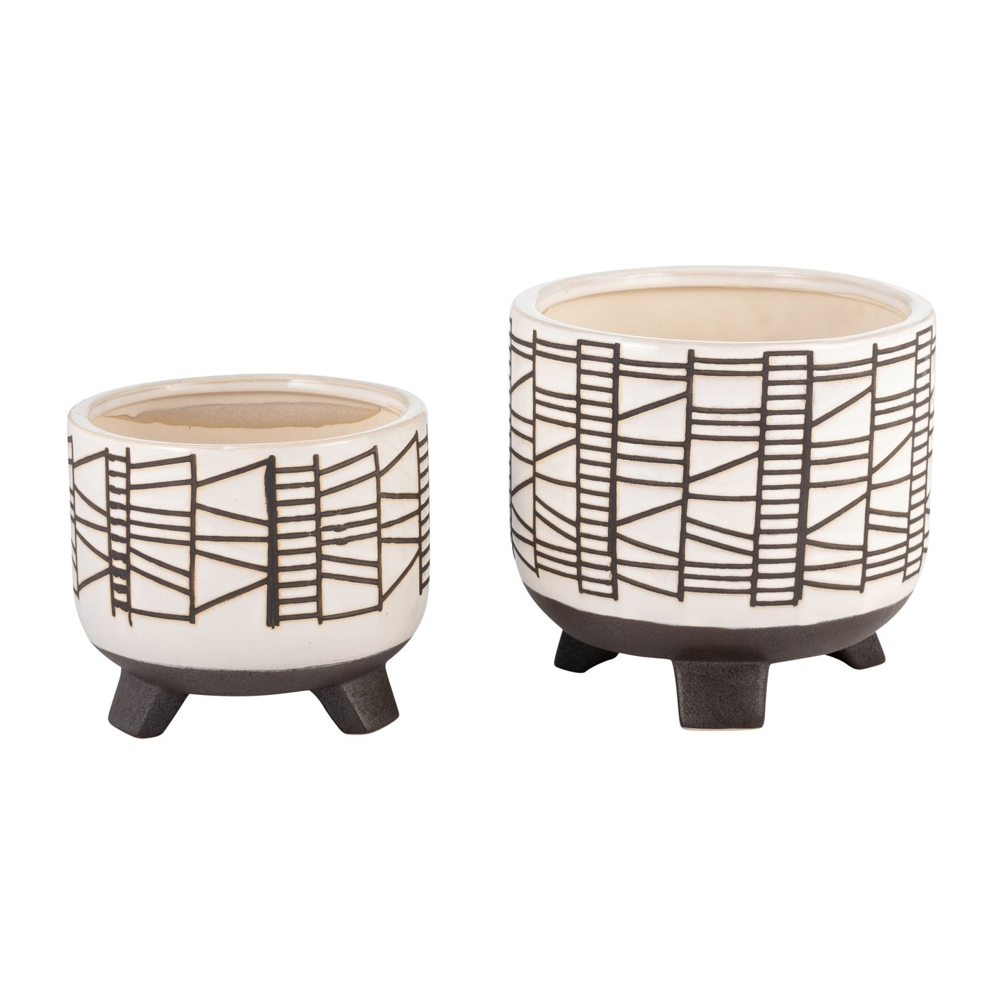 S/2 CERAMIC 6/8" GEO FOOTED PLANTER, WHITE