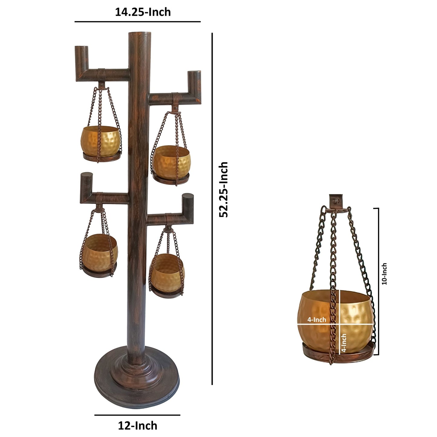 52 Inch Tall Plant Stand with 4 Hanging Pots, Antique Bronze, Gold, Black