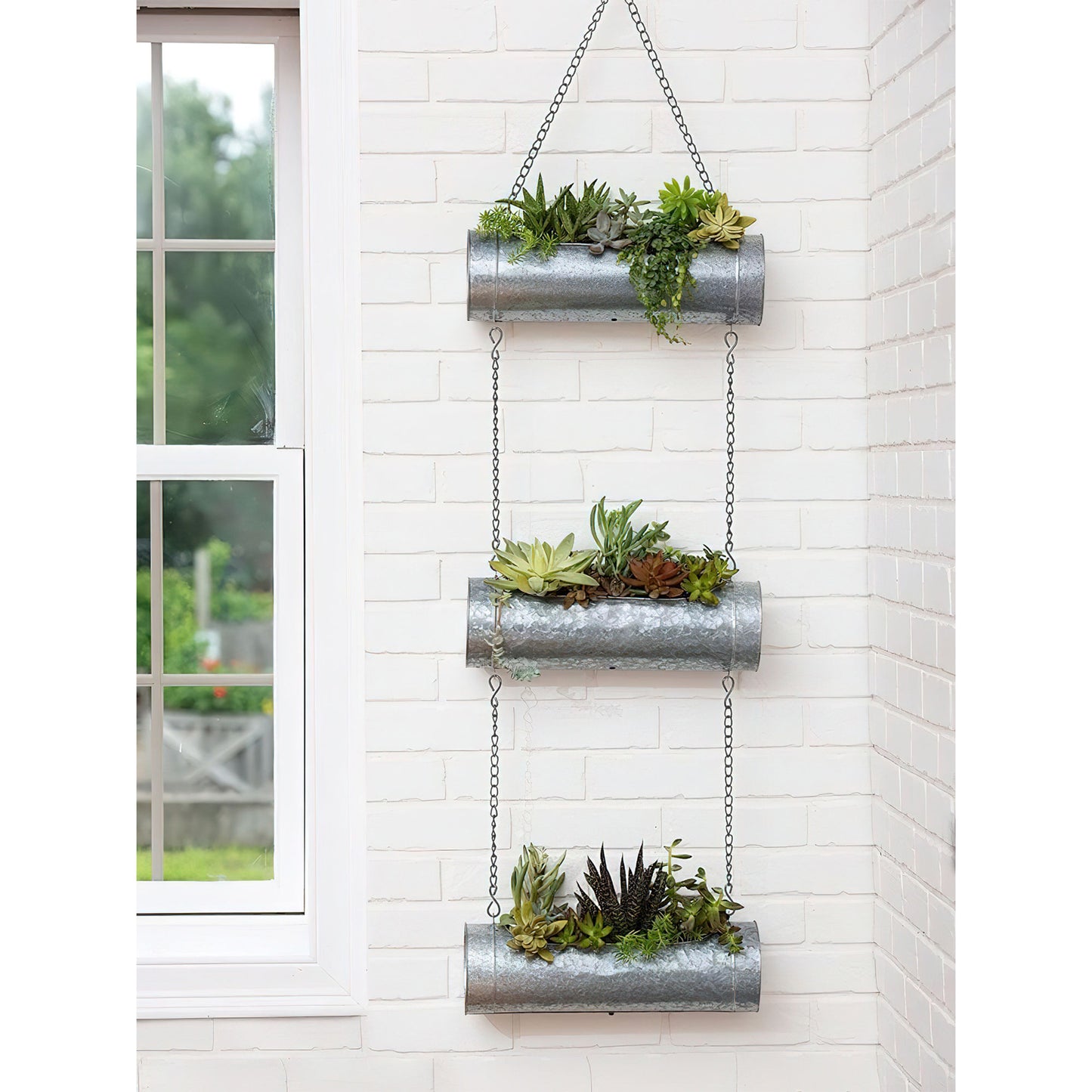 36 Inch 3 Tier Hanging Planter, Galvanized Metal With Chrome Chain, Silver Finish