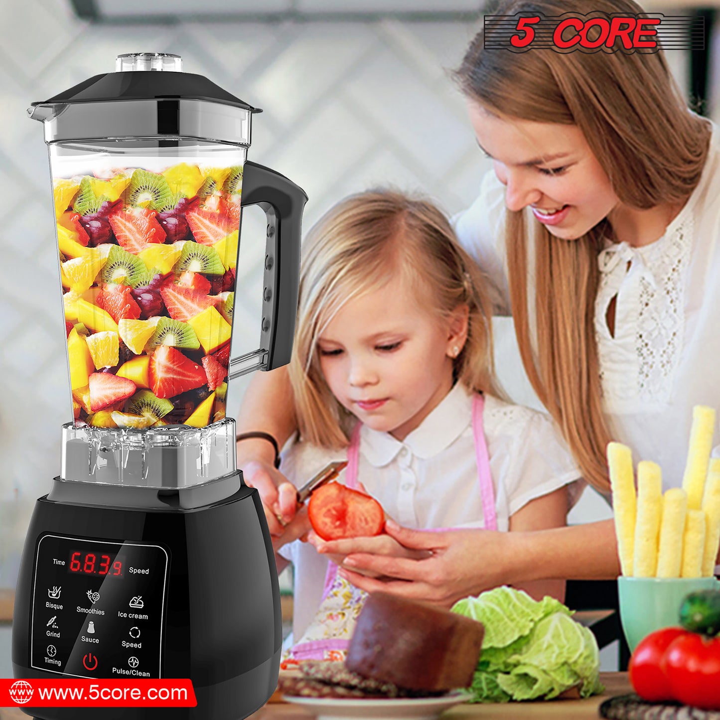 5 Core 2L Professional Countertop Blender Touch Screen For Kitchen 68 Oz 2000W High Speed BPA Free 6 Titanium Blade Smoothie Blender Electric For Soup Shake Juice Multi-Speed Digital JB 2000 D