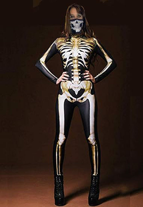 Women Halloween Party Costume Skull Print Long Sleeve Jumpsuit Outfit
