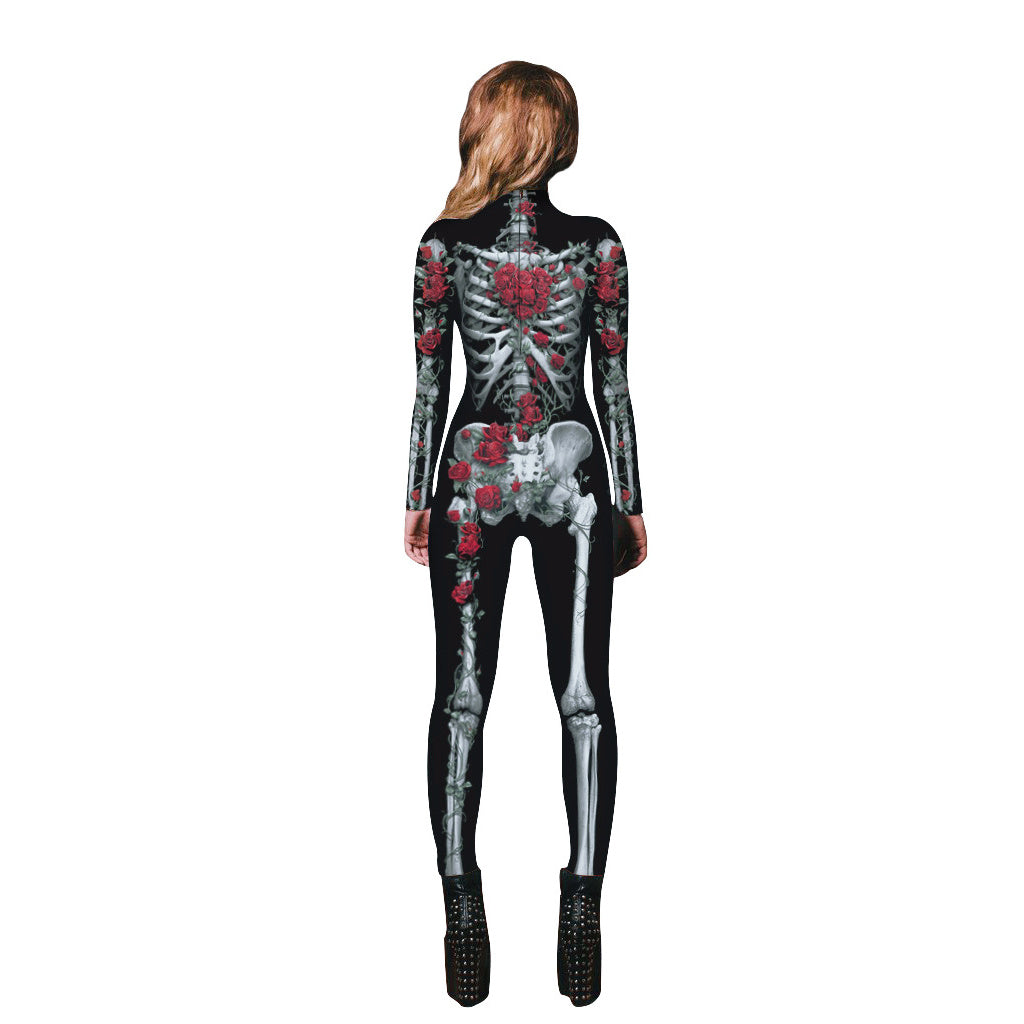 Women Halloween Party Costume Skull Print Long Sleeve Jumpsuit Outfit