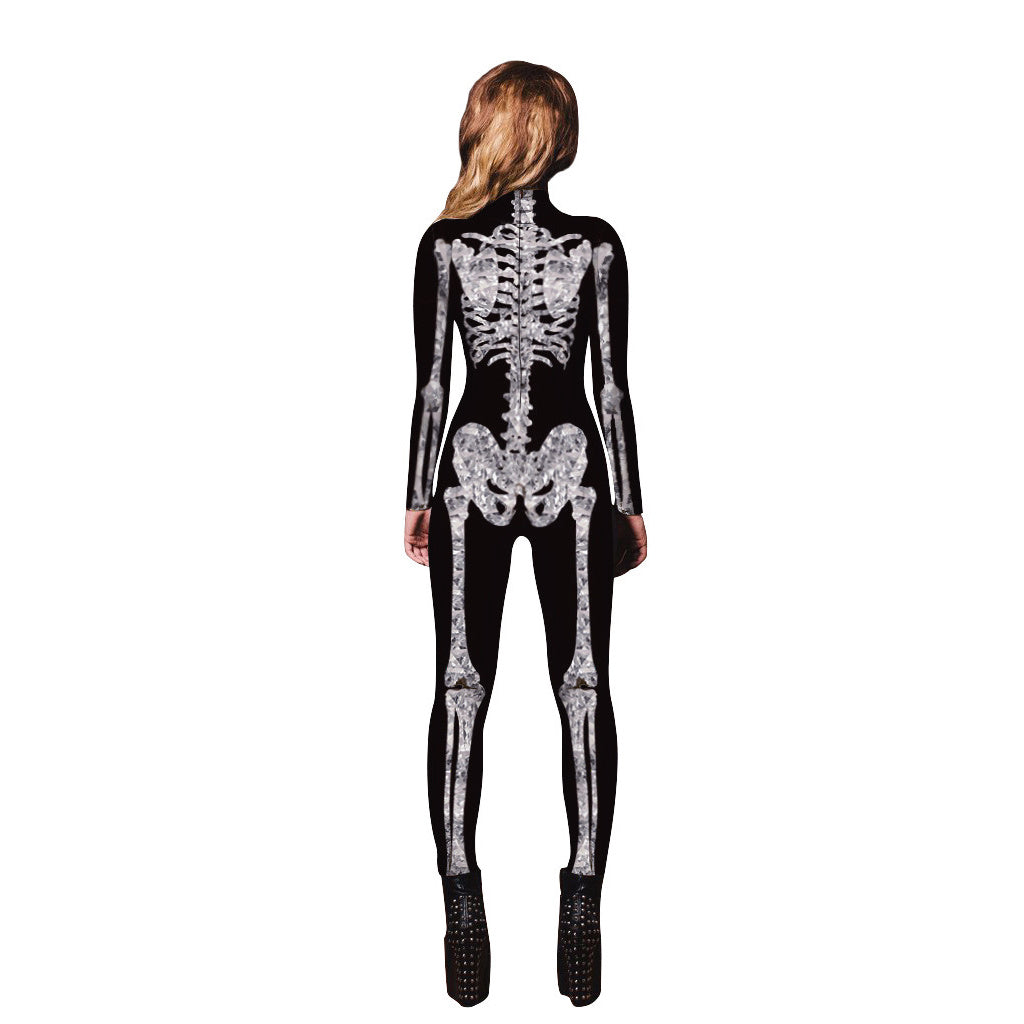 Women Halloween Party Costume Skull Print Long Sleeve Jumpsuit Outfit