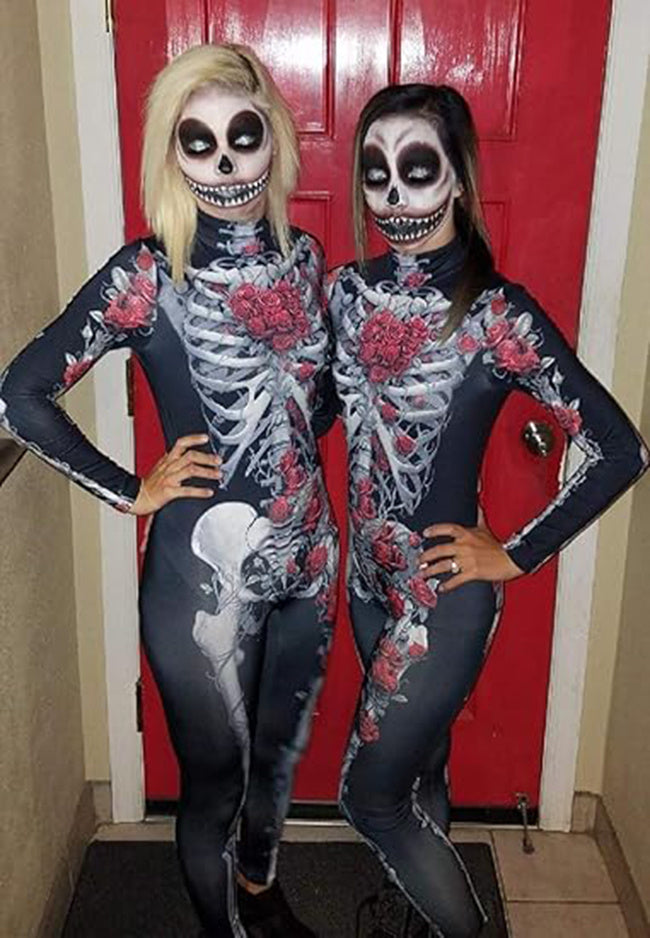 Women Halloween Party Costume Skull Print Long Sleeve Jumpsuit Outfit