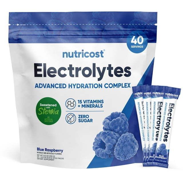 Nutricost Electrolytes Powder Hydration Packets (Blue Raspberry, 40 Servings) Low Calorie Keto Electrolytes Sweetened with Stevia - Non-GMO, Gluten Free and Sugar Free