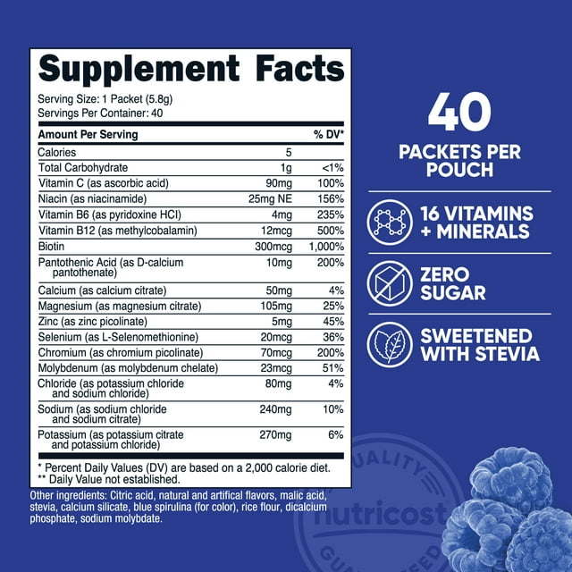 Nutricost Electrolytes Powder Hydration Packets (Blue Raspberry, 40 Servings) Low Calorie Keto Electrolytes Sweetened with Stevia - Non-GMO, Gluten Free and Sugar Free