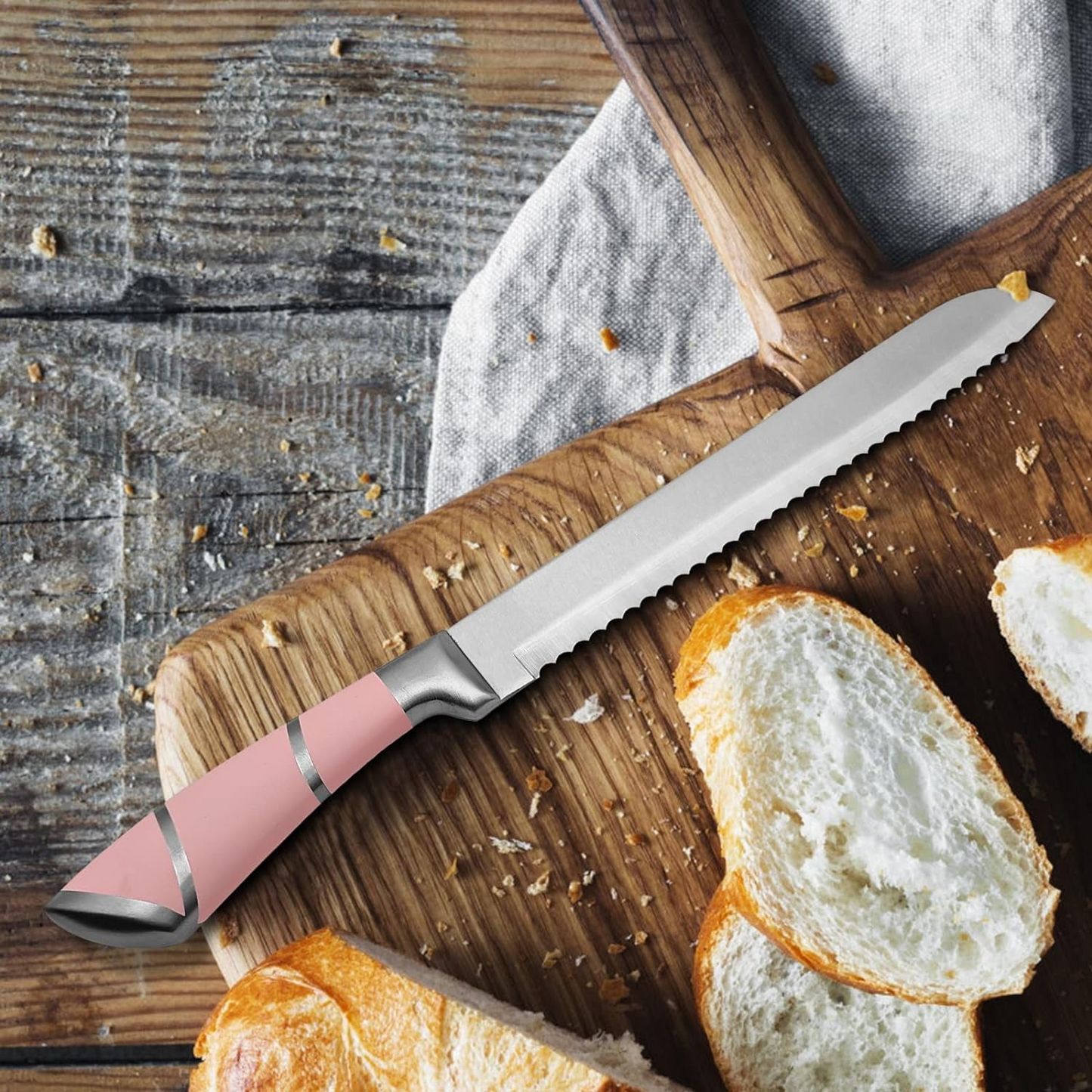 Kitchen Knife Set, 9-Pieces Pink Sharp Non-Stick Coated Chef Knives Block Set,Stainless Steel Knife Set for Kitchen with Sharpener for Cutting Slicing Dicing Chopping (Pink)