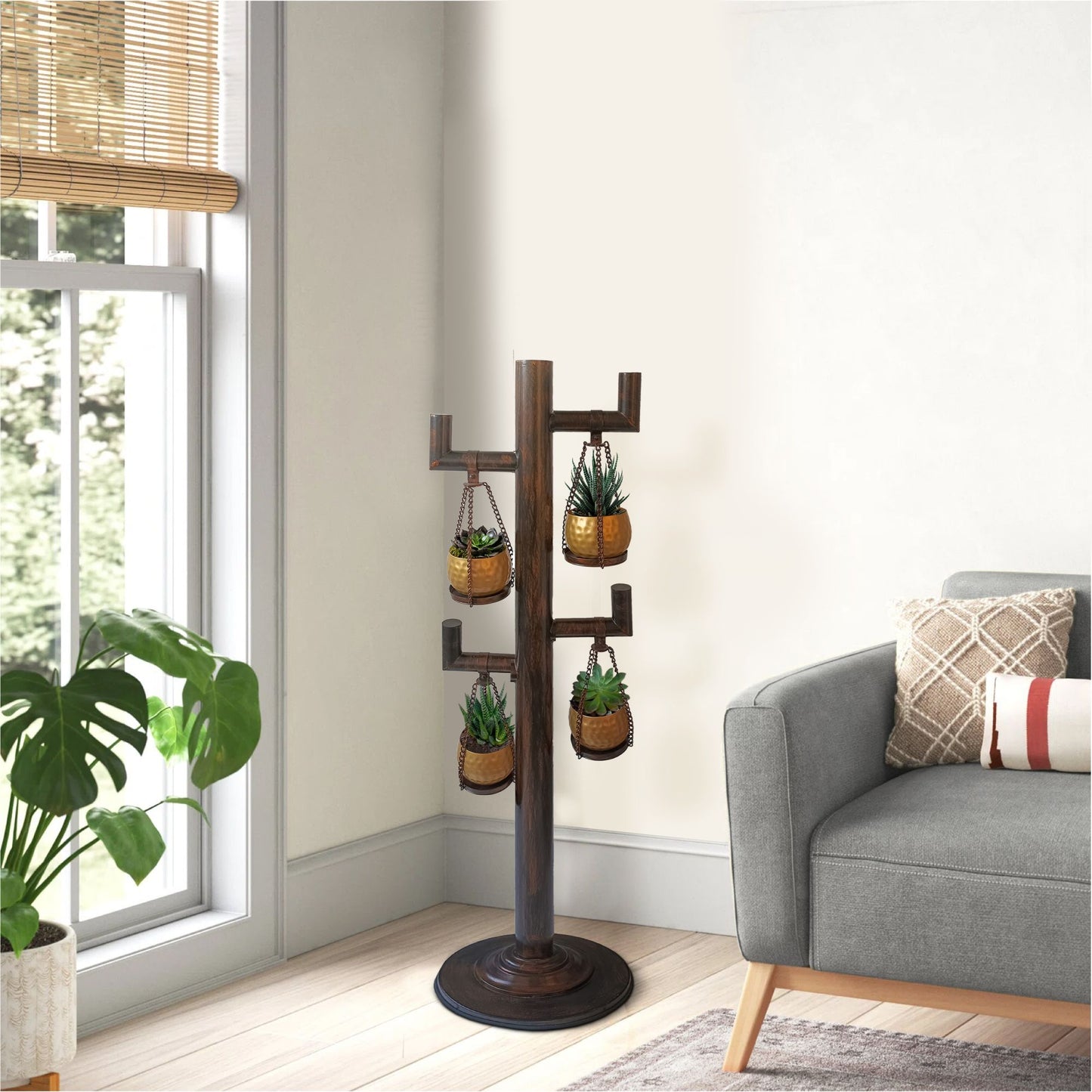 52 Inch Tall Plant Stand with 4 Hanging Pots, Antique Bronze, Gold, Black