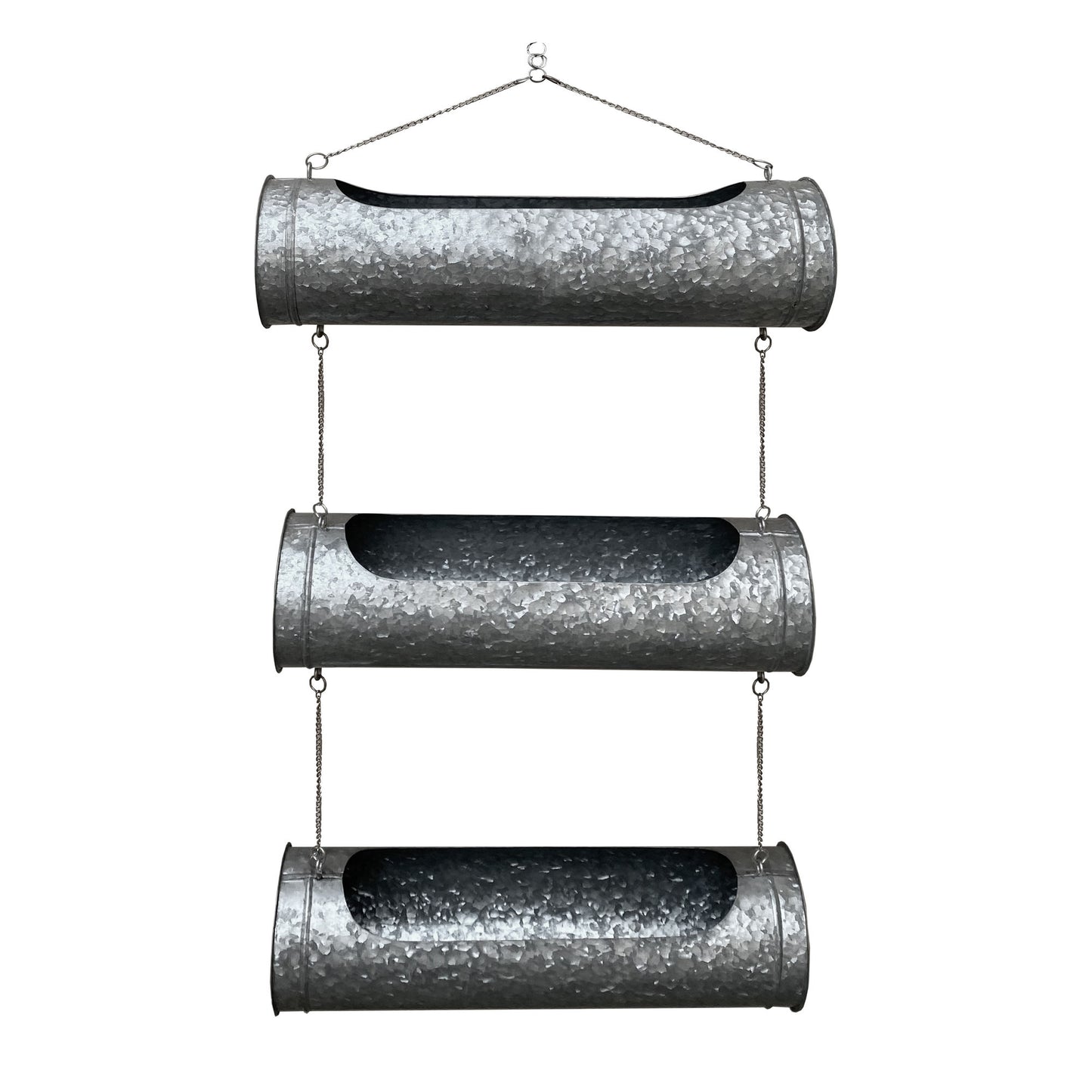 36 Inch 3 Tier Hanging Planter, Galvanized Metal With Chrome Chain, Silver Finish