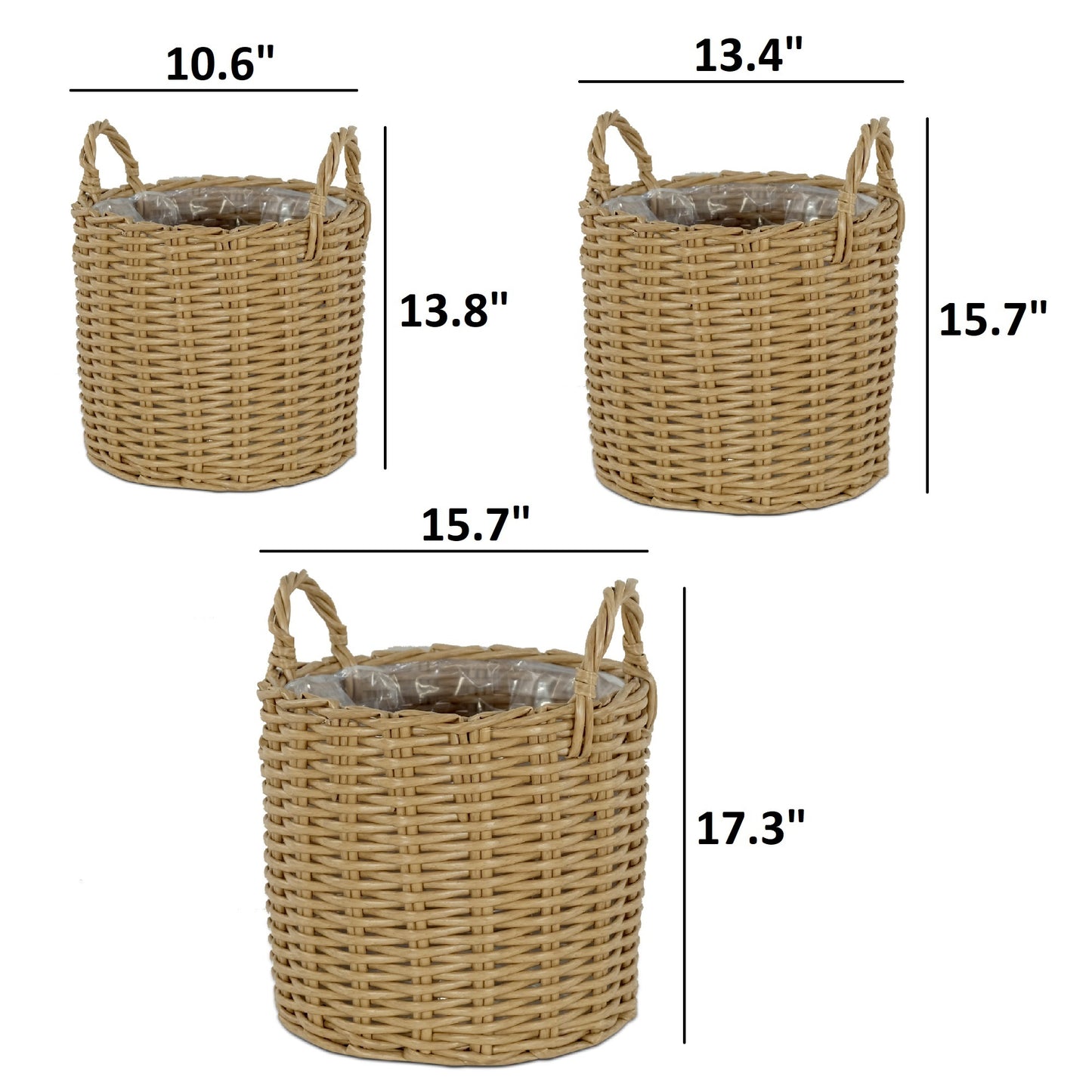 Set of 3 Multi-purposes Basket with handler - Hand Woven Wicker - Natural