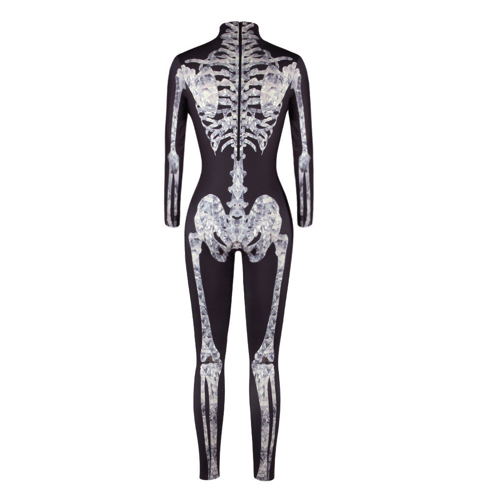 Women Halloween Party Costume Skull Print Long Sleeve Jumpsuit Outfit
