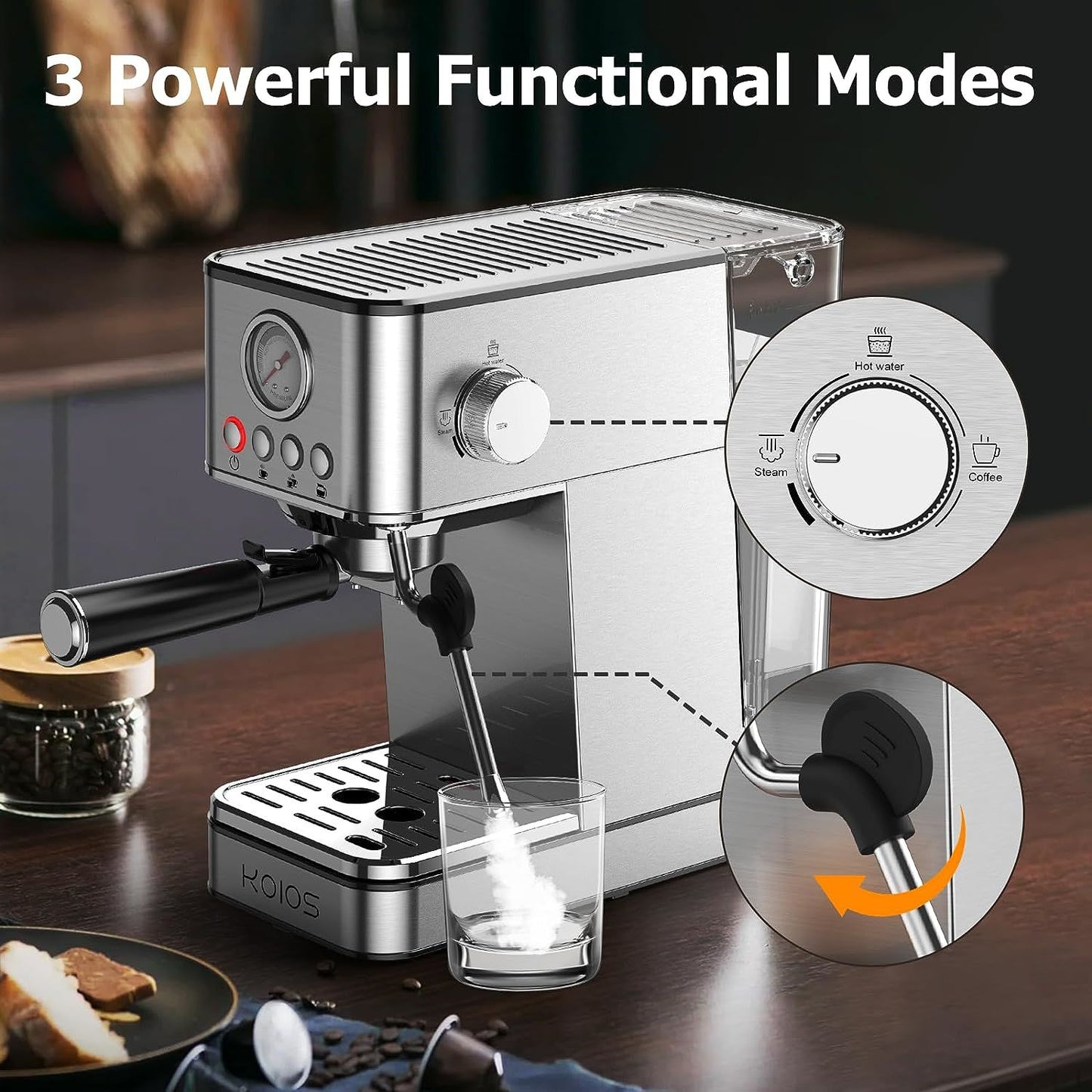 KOIOS Espresso Machines, 20 Bar Semi-Automatic Espresso Maker with Foaming Steam Wand, 1200W Stainless Steel Espresso Coffee Maker for home, 58oz removable Water Tank, PID Control System