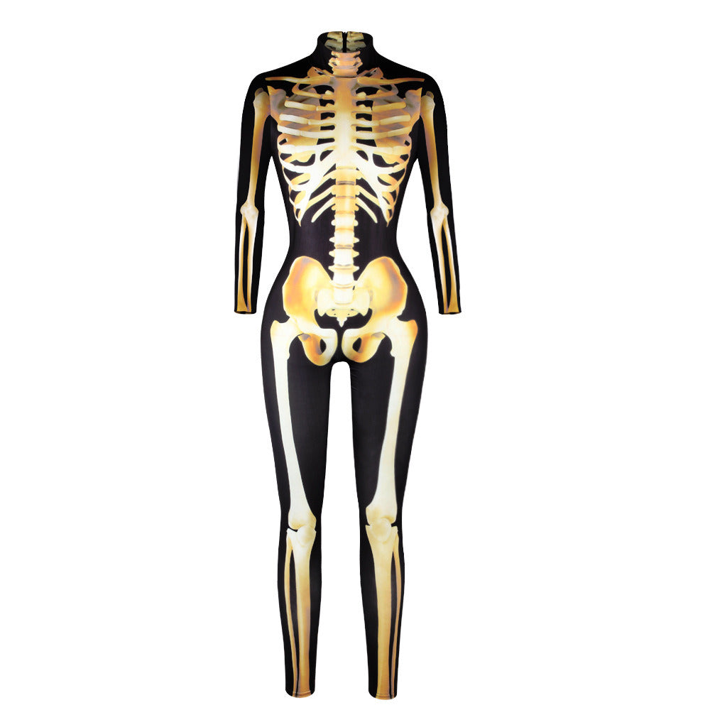 Women Halloween Party Costume Skull Print Long Sleeve Jumpsuit Outfit