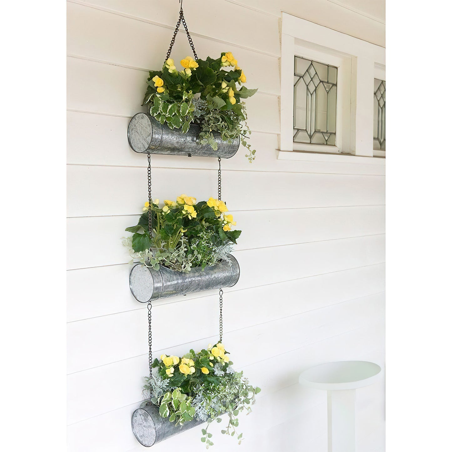 36 Inch 3 Tier Hanging Planter, Galvanized Metal With Chrome Chain, Silver Finish