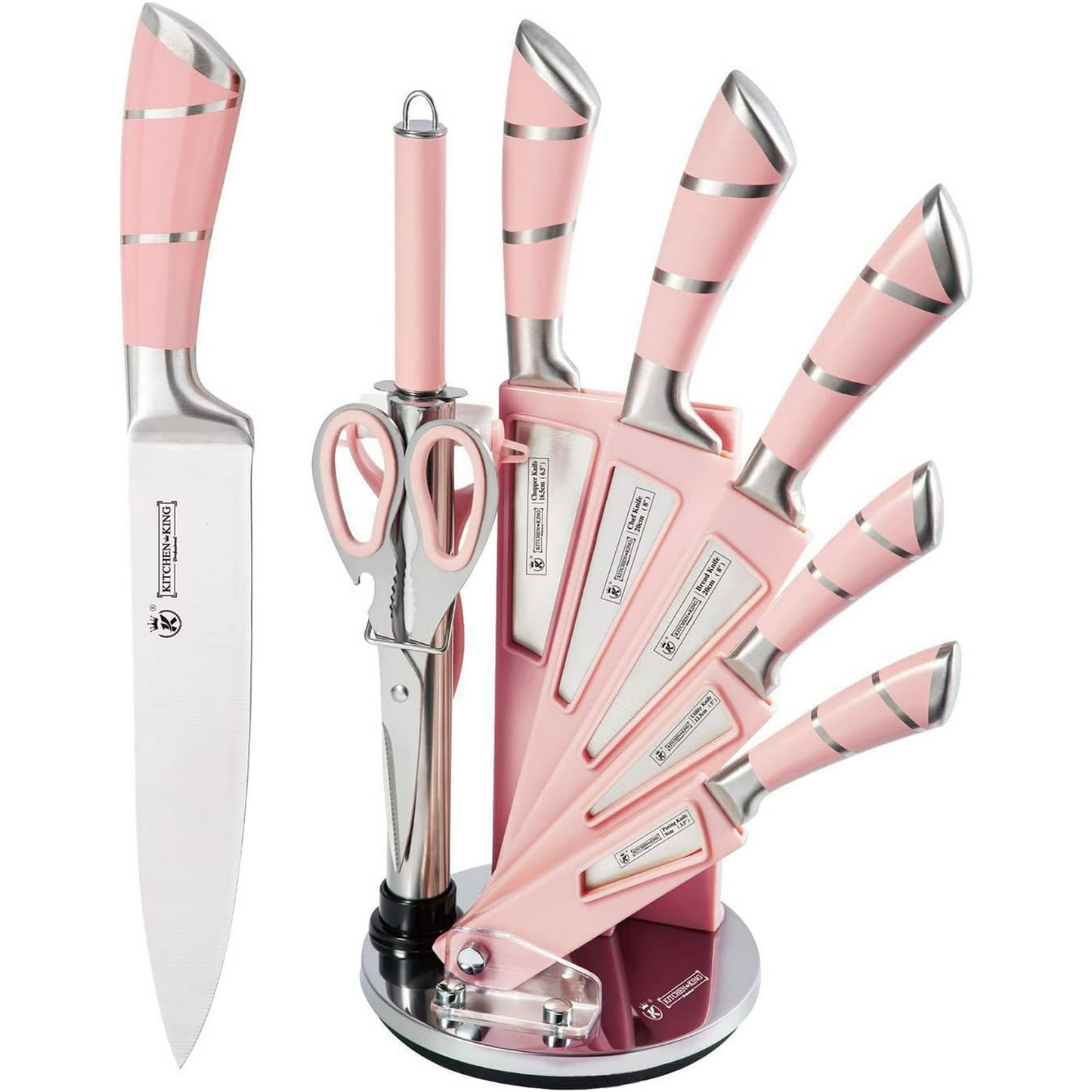 Kitchen Knife Set, 9-Pieces Pink Sharp Non-Stick Coated Chef Knives Block Set,Stainless Steel Knife Set for Kitchen with Sharpener for Cutting Slicing Dicing Chopping (Pink)