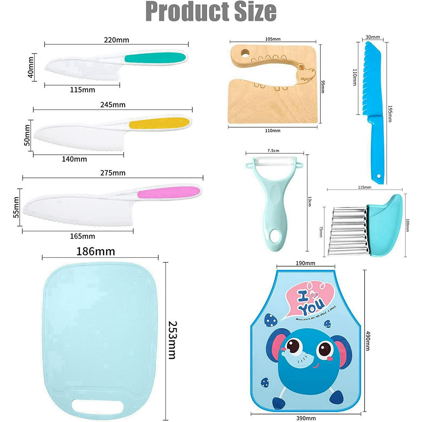 Kids Cooking Set Real, Montessori Kitchen Tools, Toddlers Safe Knife Tools Set (Include Wood and Plastic Knife, Crinkle Cutter, Peeler, Cutting Board, Y Peeler, Apron), Gifts for Junior Boys Girls
