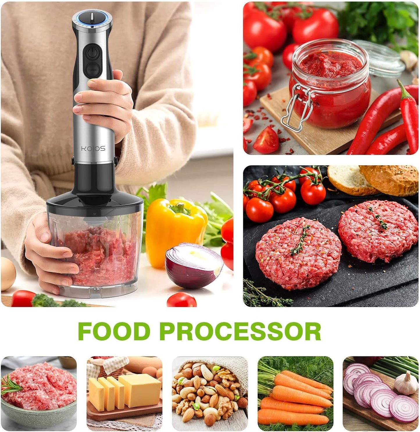 KOIOS Immersion Hand Blender, 5-in-1 Hand Blender with Entire Stainless Steel Blender Shaft, Full Copper Motor, Built in 12 Speed Turbo Stick Blender, Handheld blender for Baby food, Smoothies, Soups