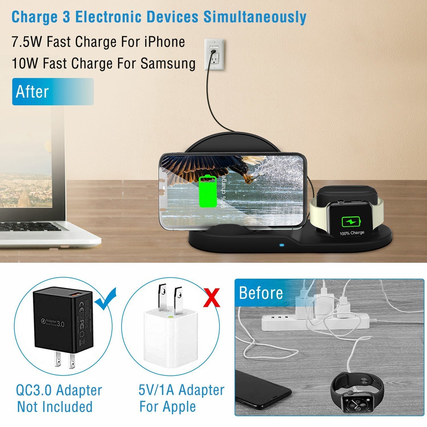 Wireless Charger 10W Fast Charging Station For iPhone Apple Series 5/4/3/2/1 AirPods