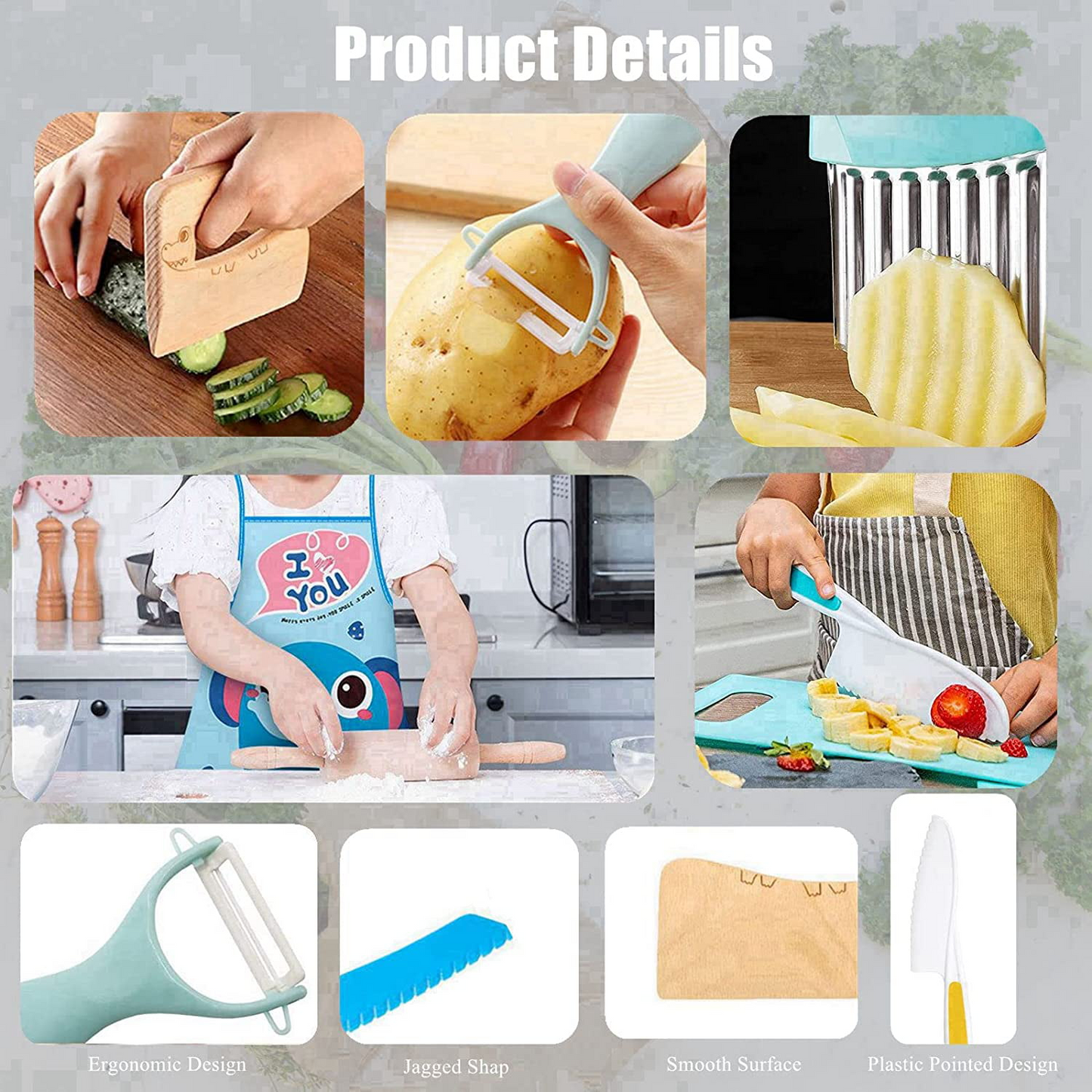 Kids Cooking Set Real, Montessori Kitchen Tools, Toddlers Safe Knife Tools Set (Include Wood and Plastic Knife, Crinkle Cutter, Peeler, Cutting Board, Y Peeler, Apron), Gifts for Junior Boys Girls