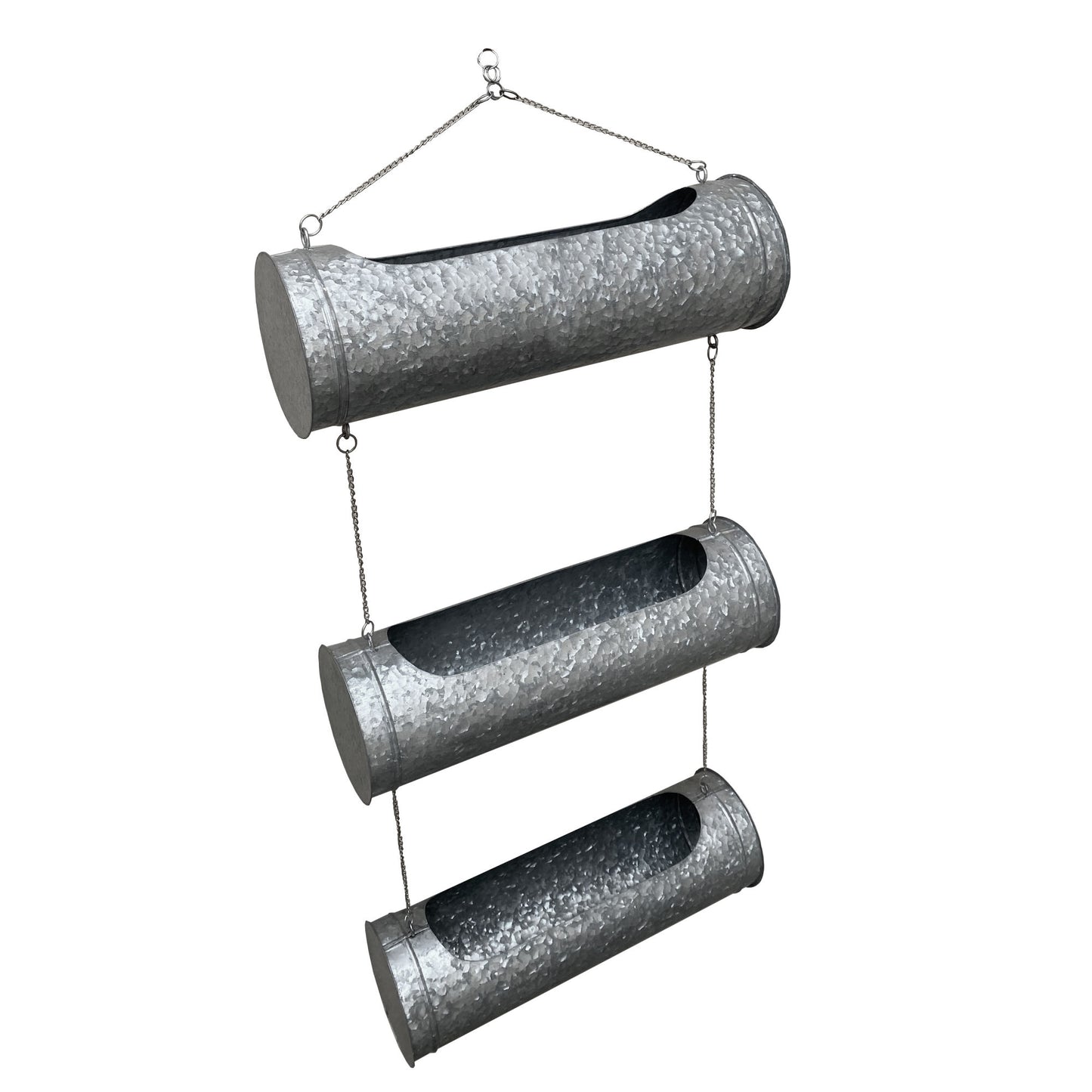 36 Inch 3 Tier Hanging Planter, Galvanized Metal With Chrome Chain, Silver Finish