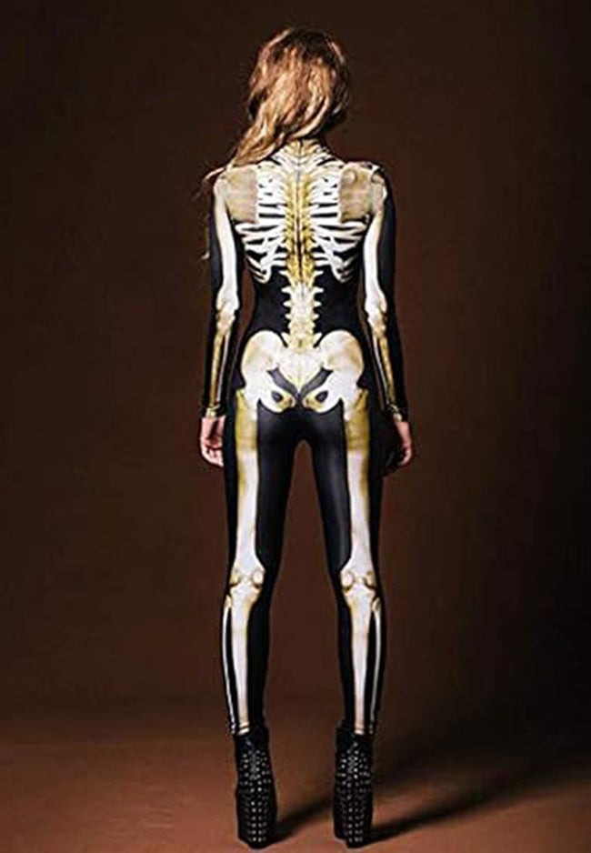 Women Halloween Party Costume Skull Print Long Sleeve Jumpsuit Outfit
