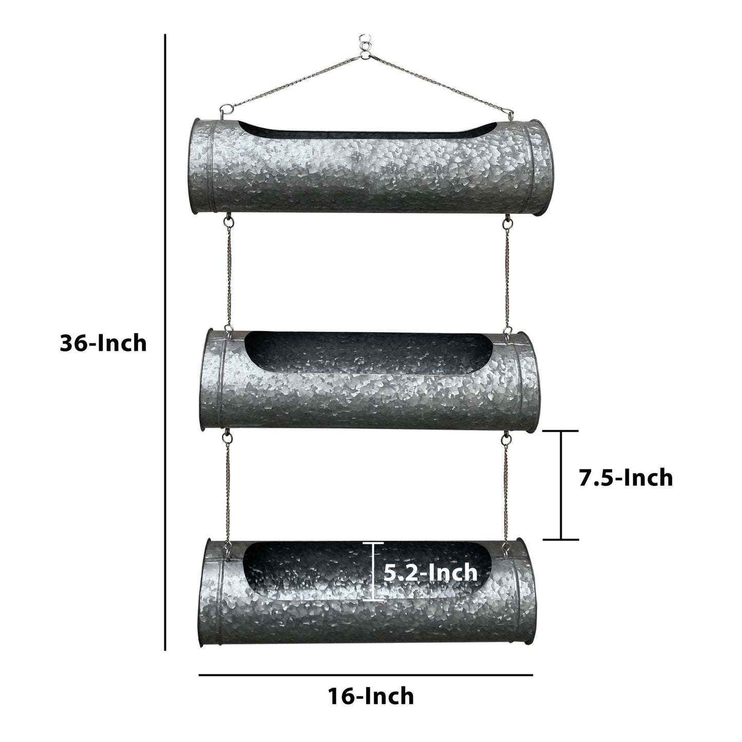 36 Inch 3 Tier Hanging Planter, Galvanized Metal With Chrome Chain, Silver Finish