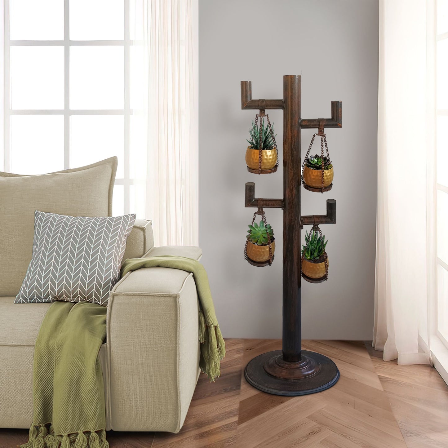52 Inch Tall Plant Stand with 4 Hanging Pots, Antique Bronze, Gold, Black
