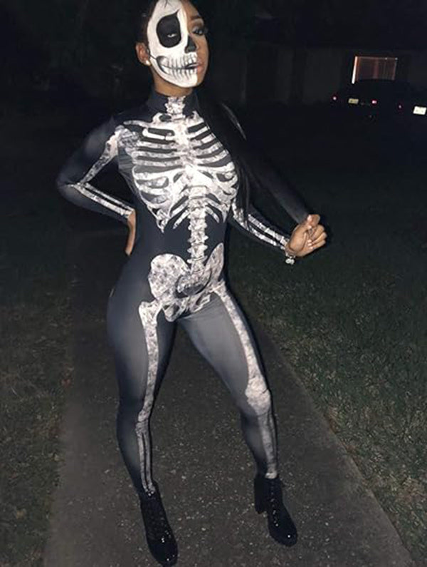 Women Halloween Party Costume Skull Print Long Sleeve Jumpsuit Outfit
