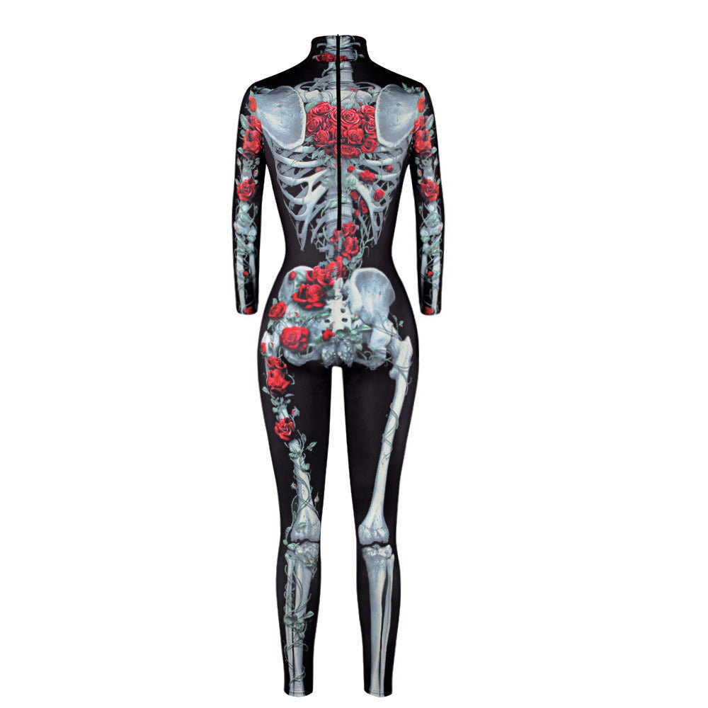Women Halloween Party Costume Skull Print Long Sleeve Jumpsuit Outfit