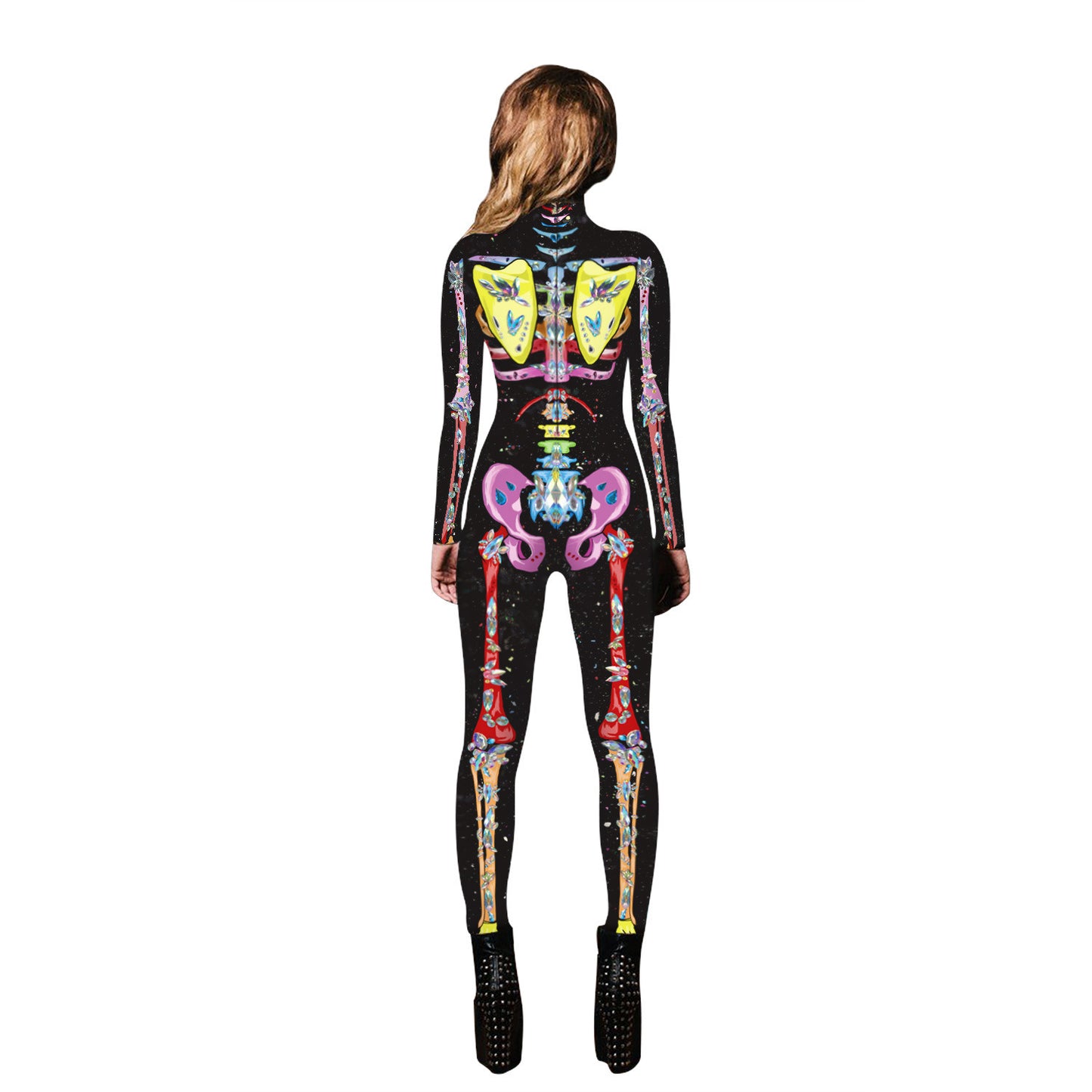 Women Halloween Party Costume Skull Print Long Sleeve Jumpsuit Outfit
