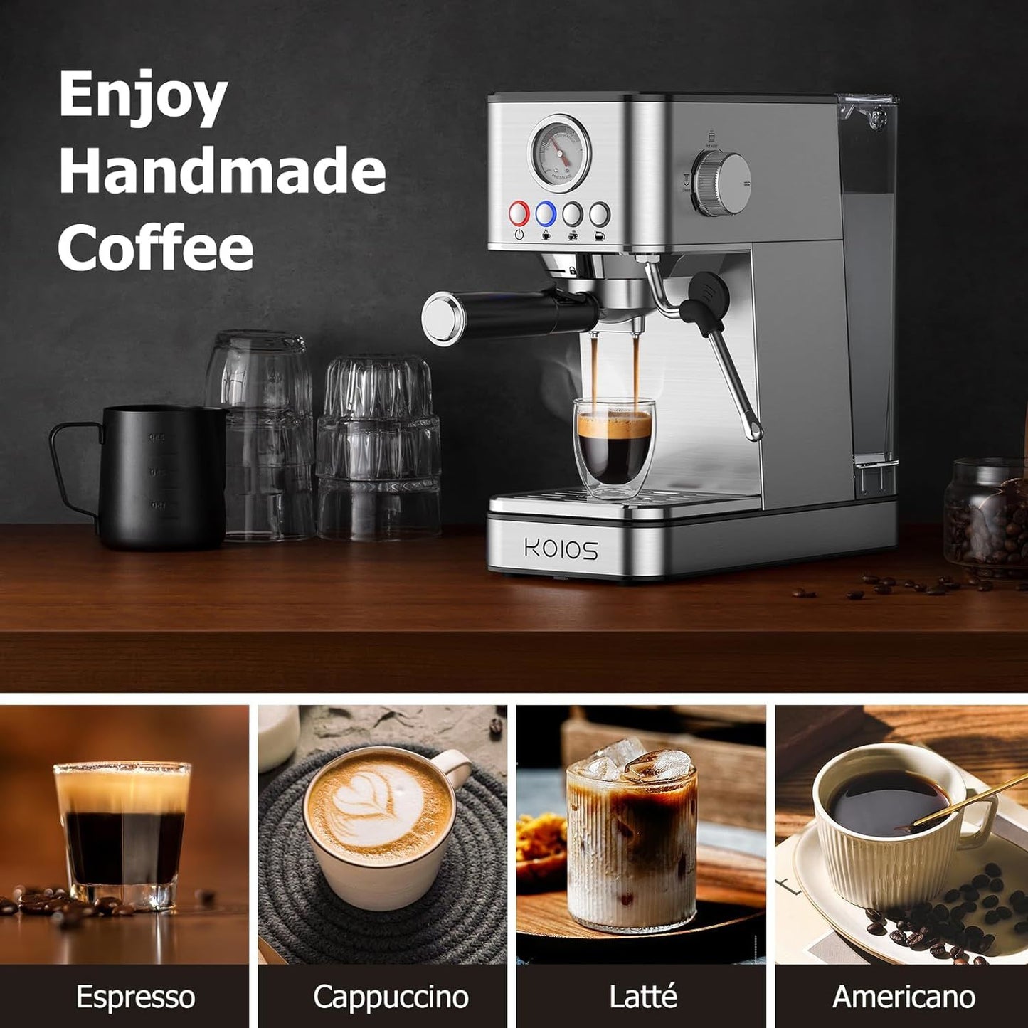 KOIOS Espresso Machines, 20 Bar Semi-Automatic Espresso Maker with Foaming Steam Wand, 1200W Stainless Steel Espresso Coffee Maker for home, 58oz removable Water Tank, PID Control System