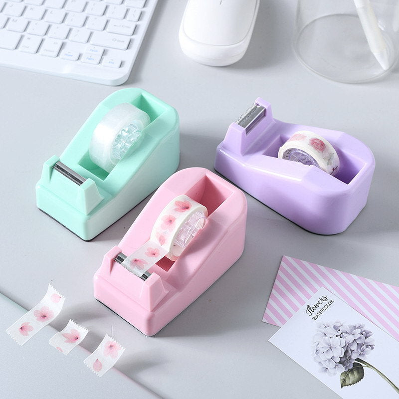 1pc Practical Candy Color Plastic Adhesive Tape Dispenser Office Desktop Tape Holder With Tape Cutter
