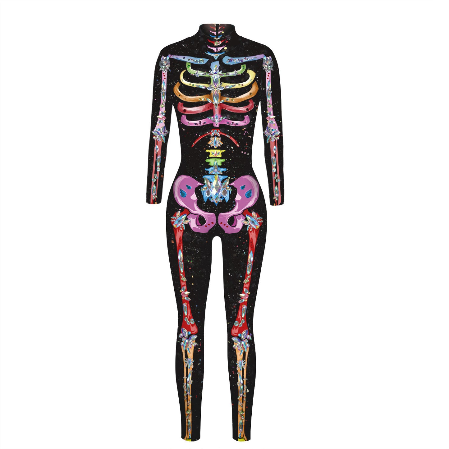 Women Halloween Party Costume Skull Print Long Sleeve Jumpsuit Outfit