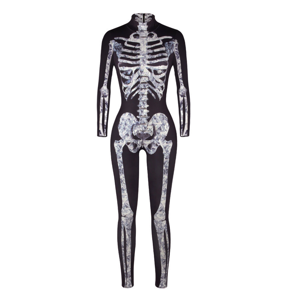 Women Halloween Party Costume Skull Print Long Sleeve Jumpsuit Outfit
