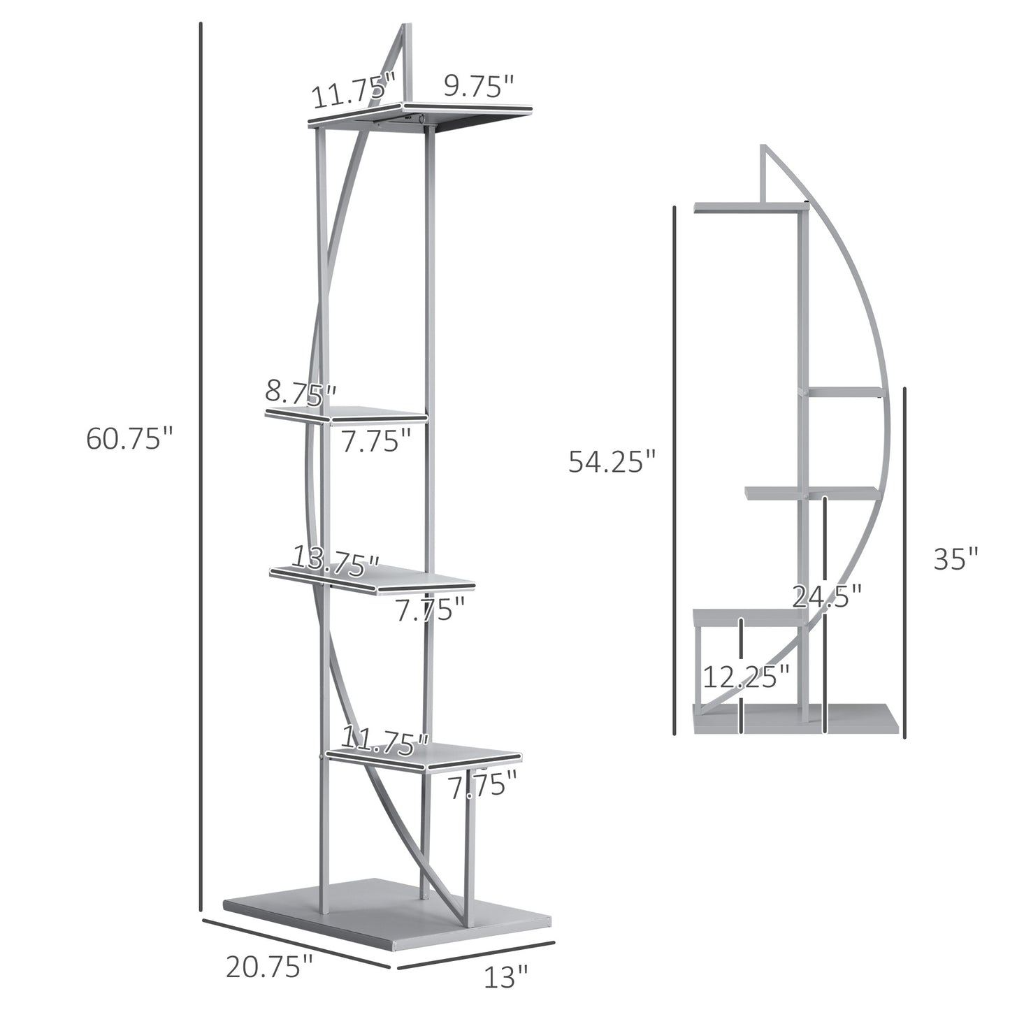 5 Tier Metal Plant Stand with Hangers, Half Moon Shape Flower Pot Display Shelf for Living Room Patio Garden Balcony Decor, Gray