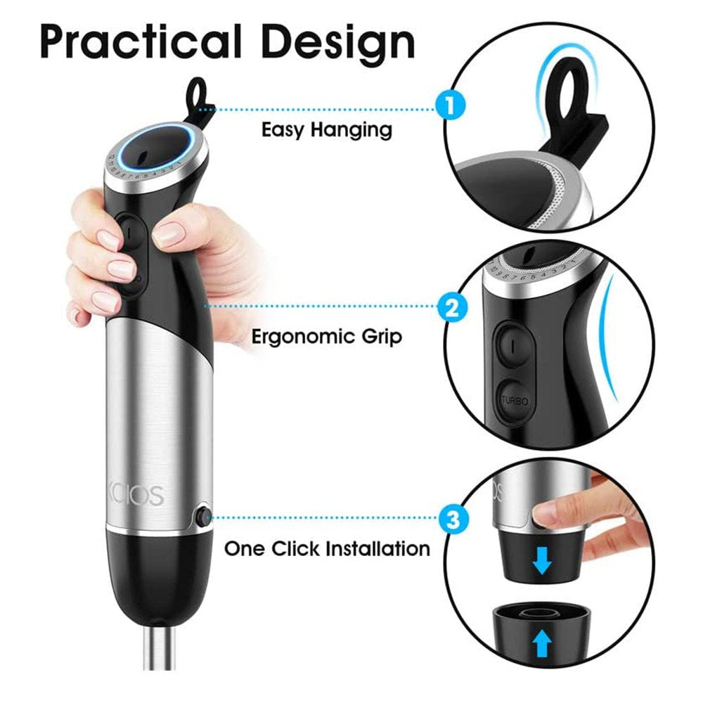 KOIOS Immersion Blender Handheld, 1000W 12-Speed 5 in 1 Hand Mixer Stick Blender with 304 Stainless Steel Blade, Food Processor, Beaker, Egg Whisk and Milk Frother,BPA-Free, for Smoothies Puree