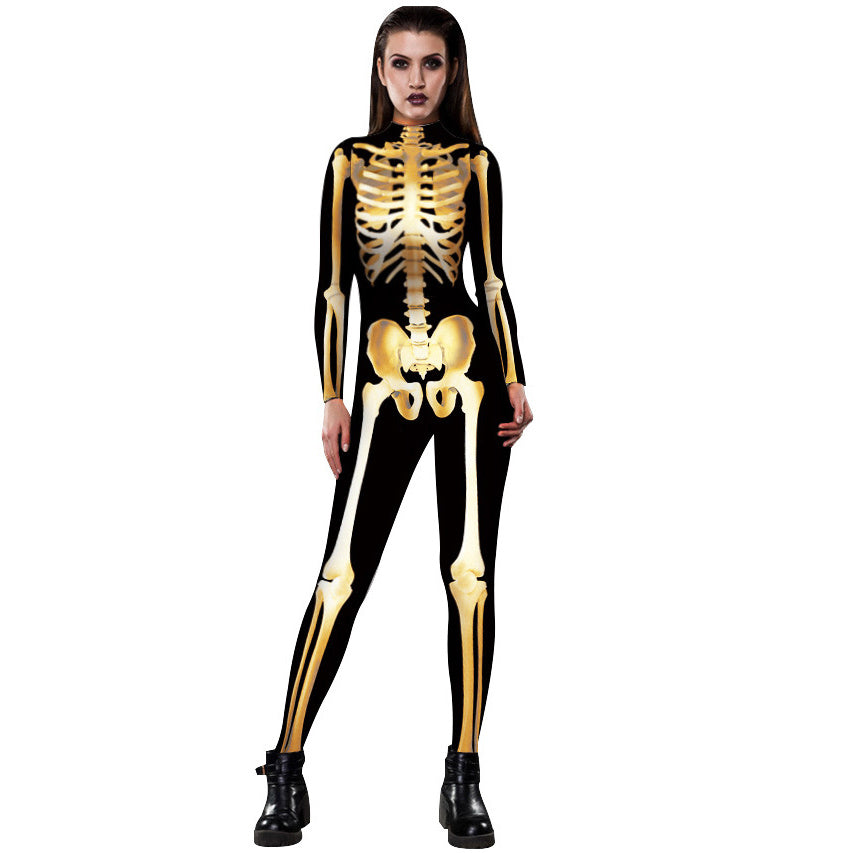 Women Halloween Party Costume Skull Print Long Sleeve Jumpsuit Outfit