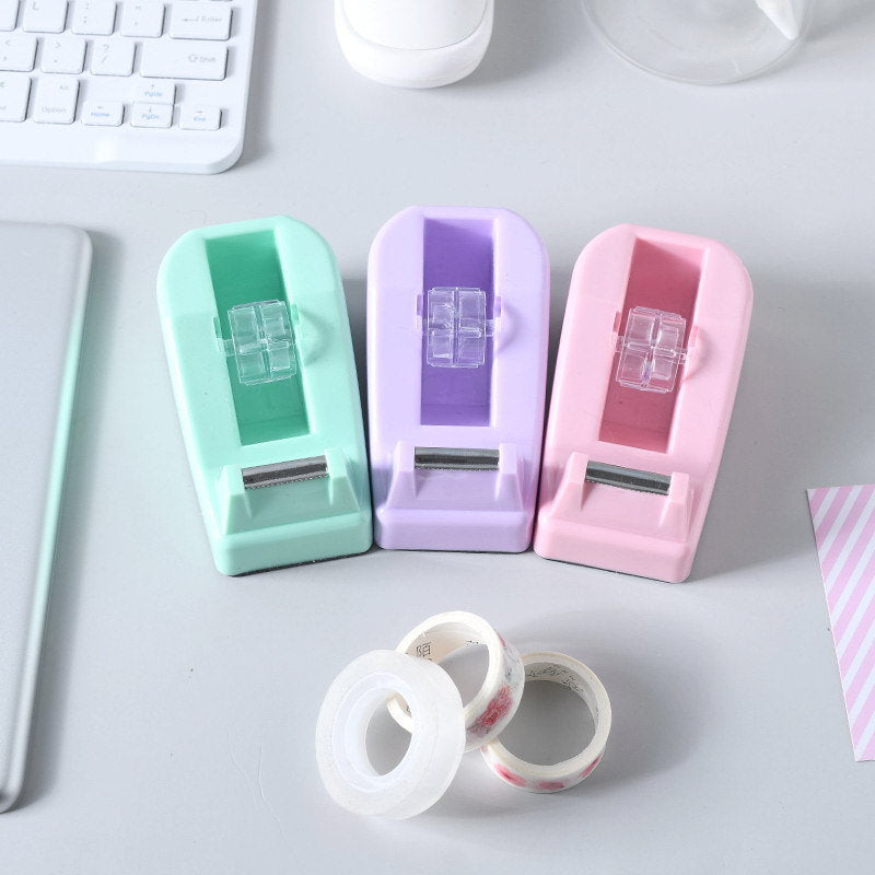 1pc Practical Candy Color Plastic Adhesive Tape Dispenser Office Desktop Tape Holder With Tape Cutter