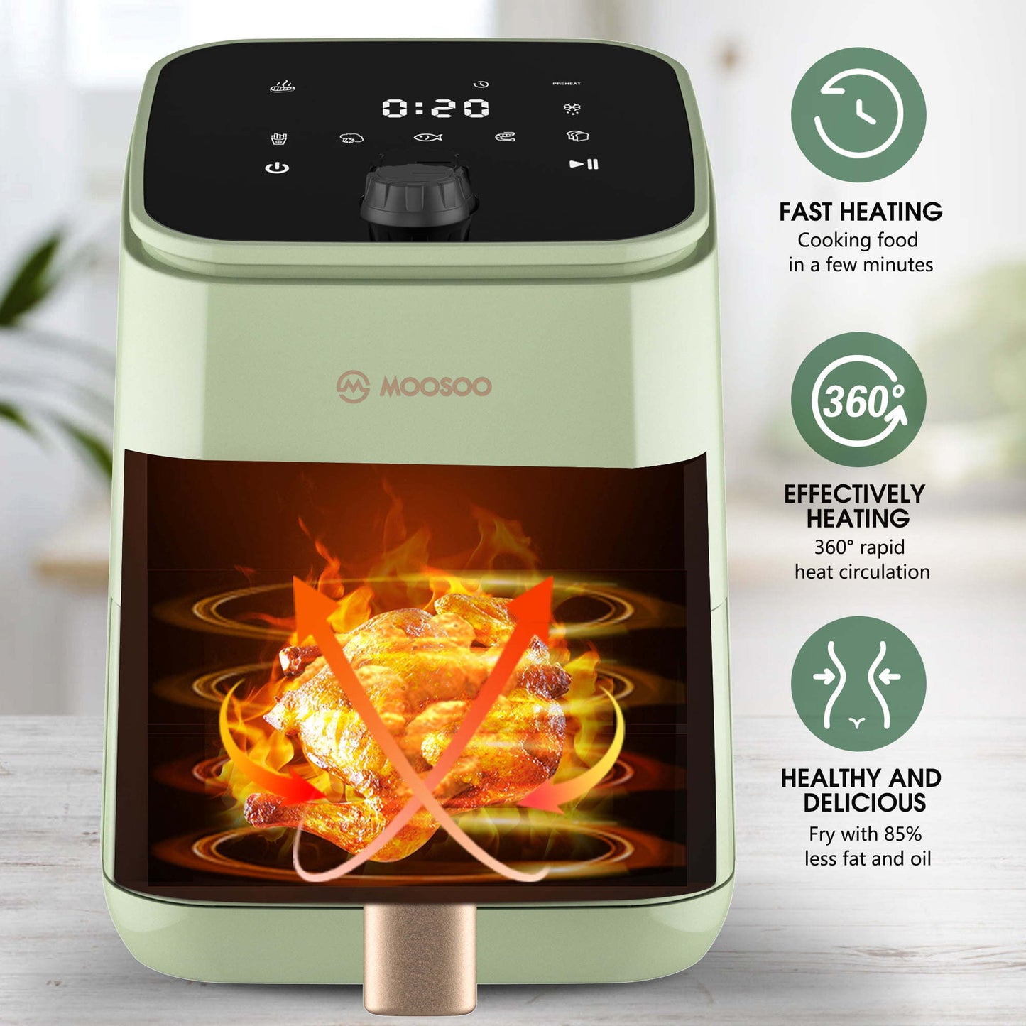 Moosoo 2 Quart Small Air Fryer, 1200W Touchscreen Compact Air Fryer Oven with 8 Preset Modes & 100 Recipes