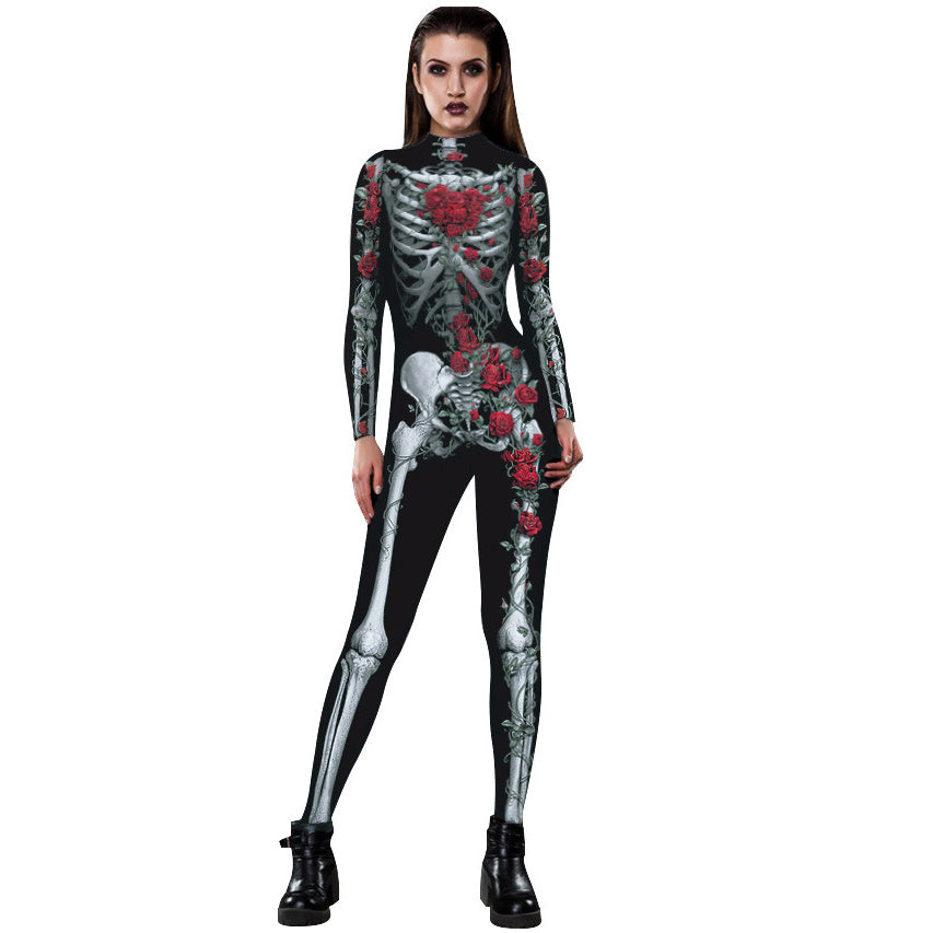 Women Halloween Party Costume Skull Print Long Sleeve Jumpsuit Outfit