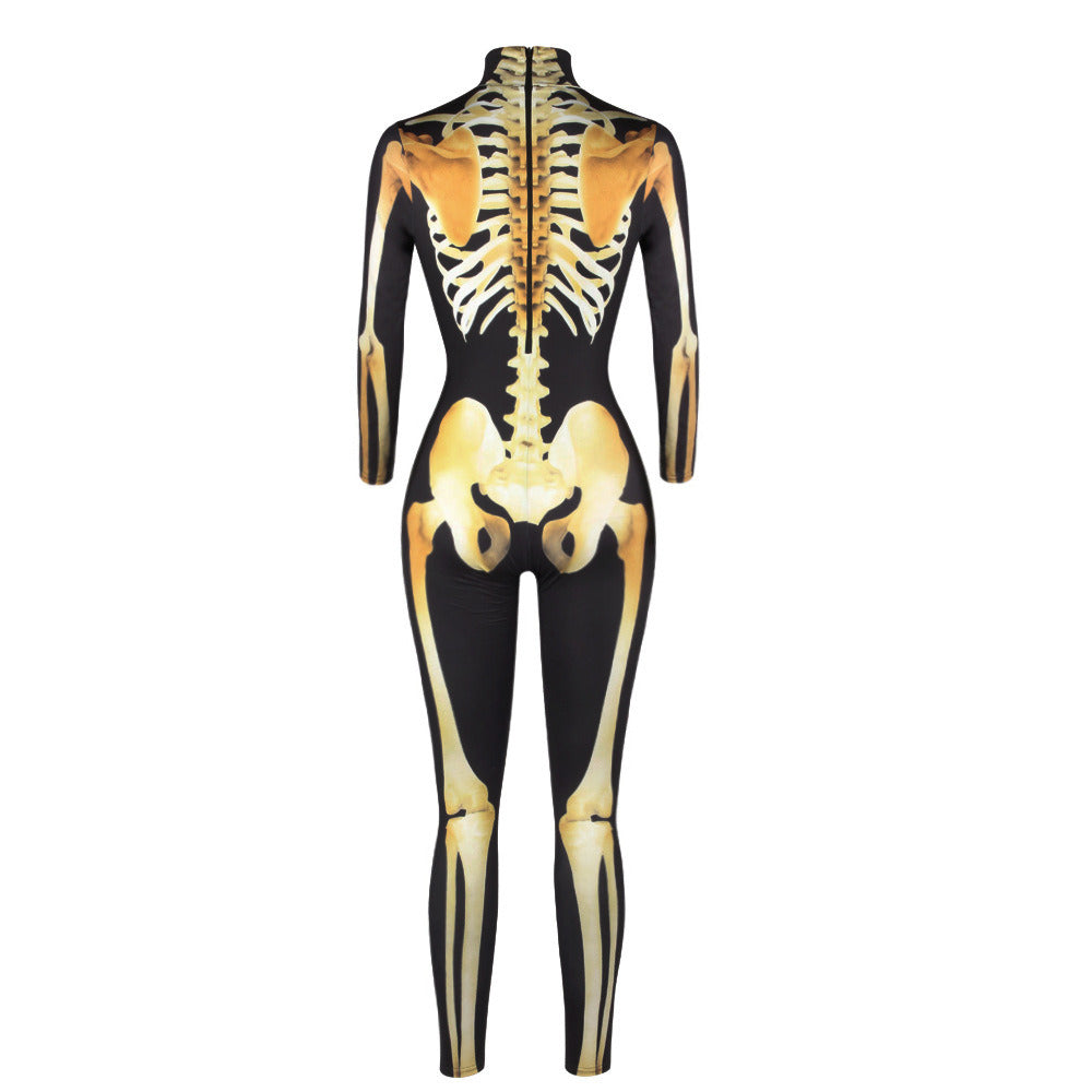Women Halloween Party Costume Skull Print Long Sleeve Jumpsuit Outfit
