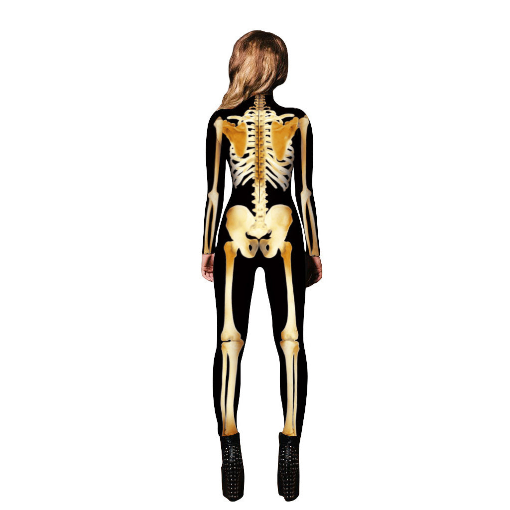 Women Halloween Party Costume Skull Print Long Sleeve Jumpsuit Outfit