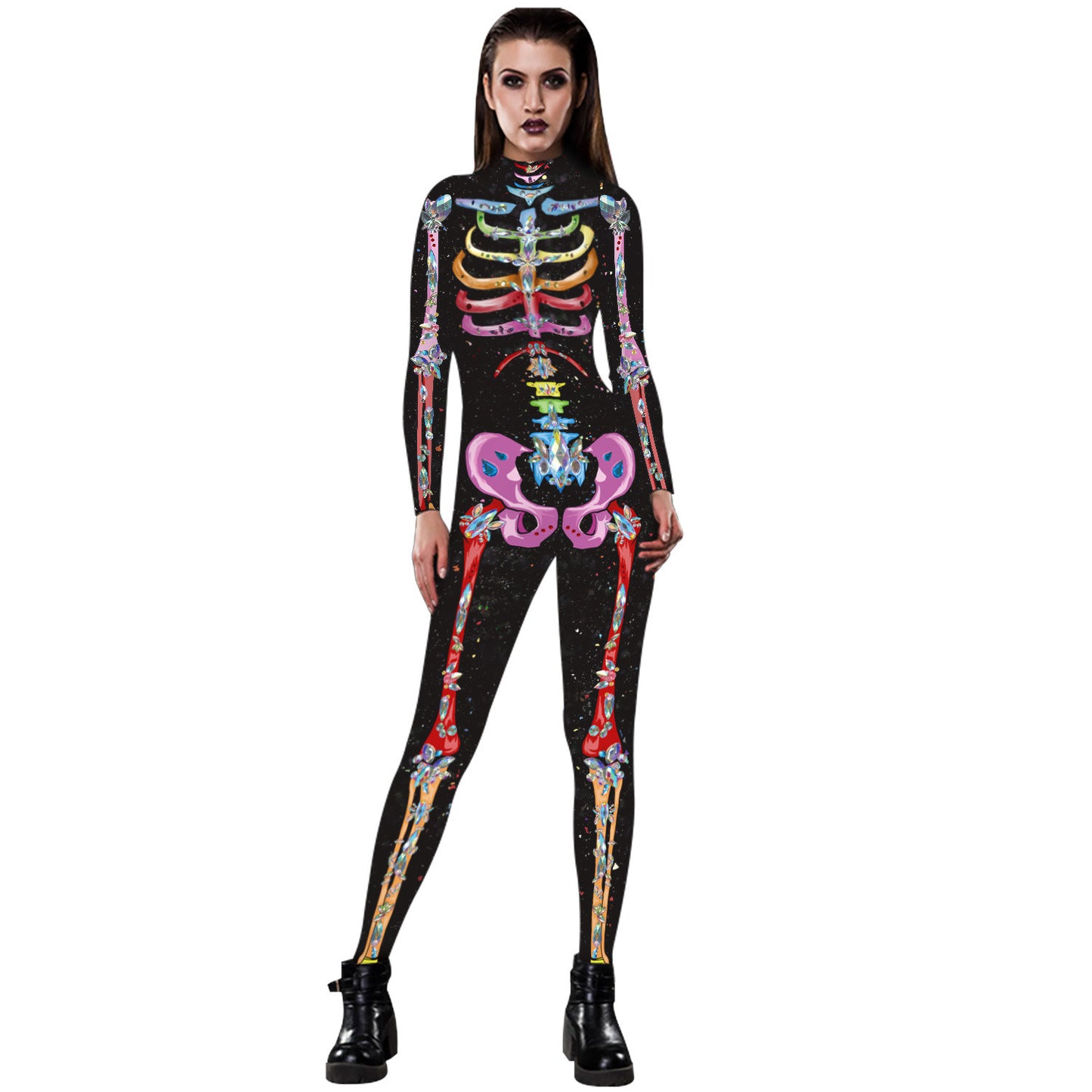Women Halloween Party Costume Skull Print Long Sleeve Jumpsuit Outfit