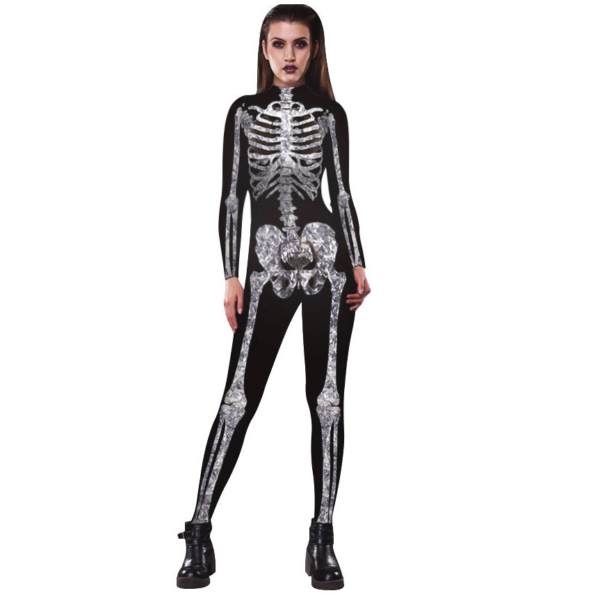 Women Halloween Party Costume Skull Print Long Sleeve Jumpsuit Outfit