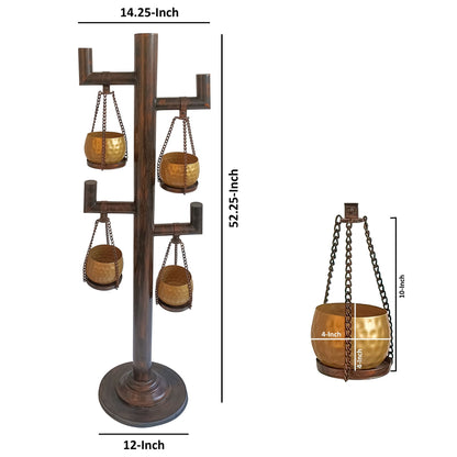 52 Inch Tall Plant Stand with 4 Hanging Pots, Antique Bronze, Gold, Black
