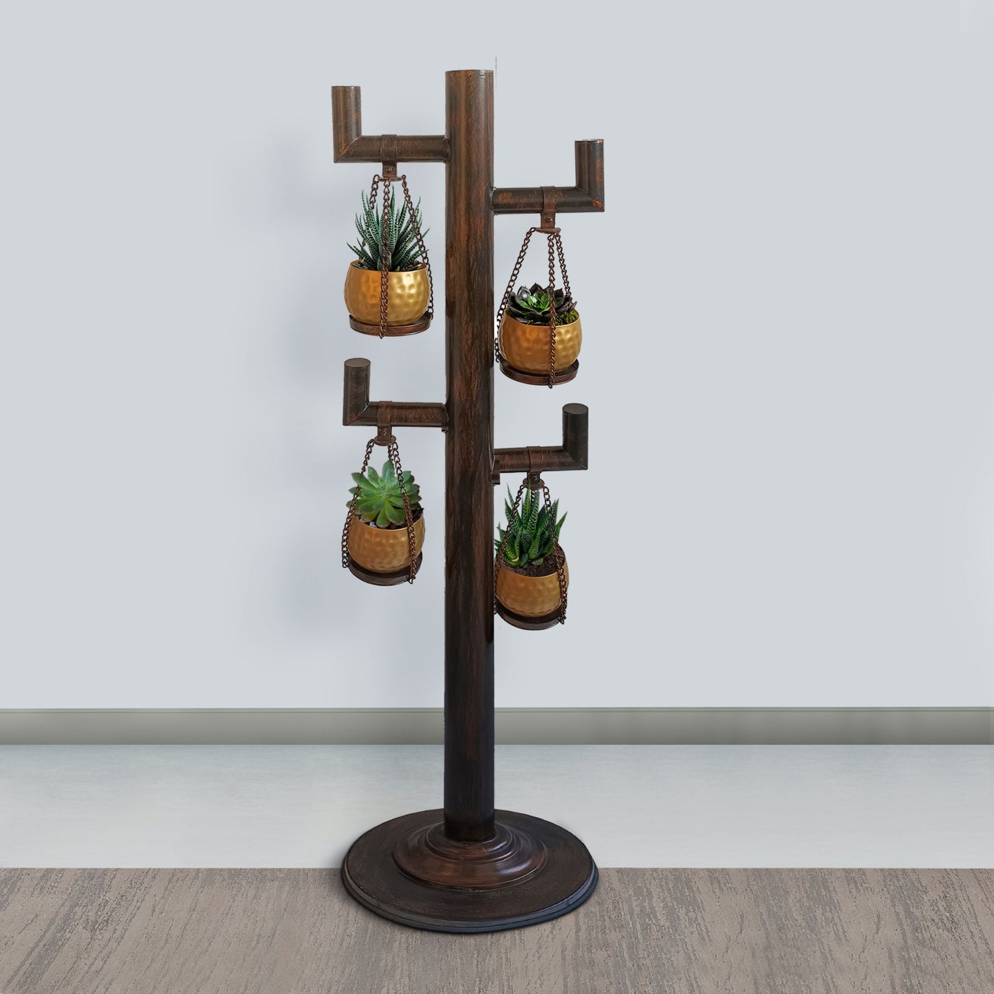 52 Inch Tall Plant Stand with 4 Hanging Pots, Antique Bronze, Gold, Black