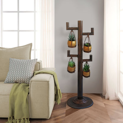 52 Inch Tall Plant Stand with 4 Hanging Pots, Antique Bronze, Gold, Black