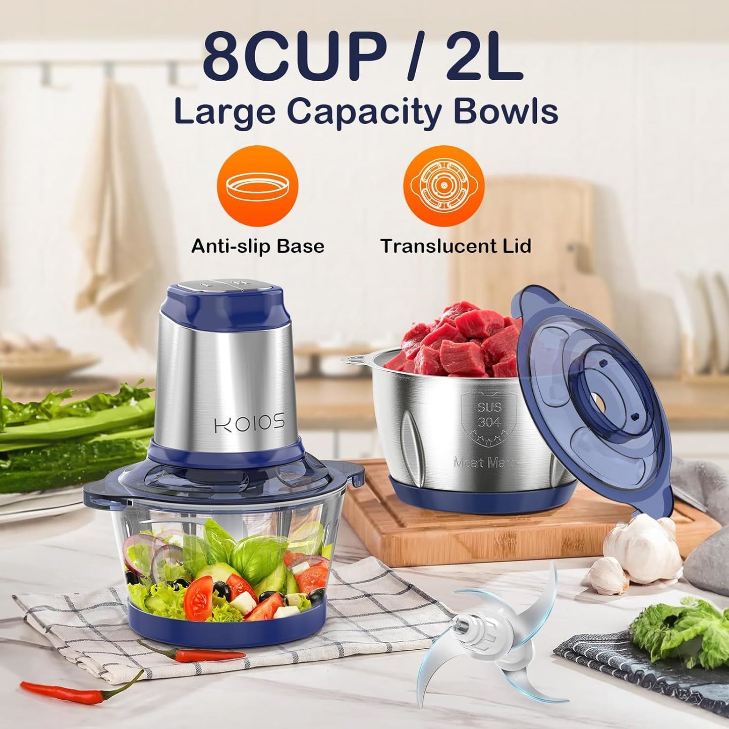 KOIOS 500W Powerful Electric Food Processor with 8 Cup Stainless Steel & Glass Bowls, 2 Speed Mode Electric Food Chopper with 2 Sets Blades Electric Meat Grinder Chopper for Family & Baby Use