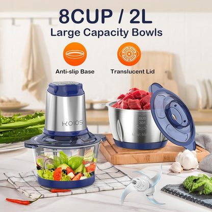 KOIOS 500W Powerful Electric Food Processor with 8 Cup Stainless Steel & Glass Bowls, 2 Speed Mode Electric Food Chopper with 2 Sets Blades Electric Meat Grinder Chopper for Family & Baby Use